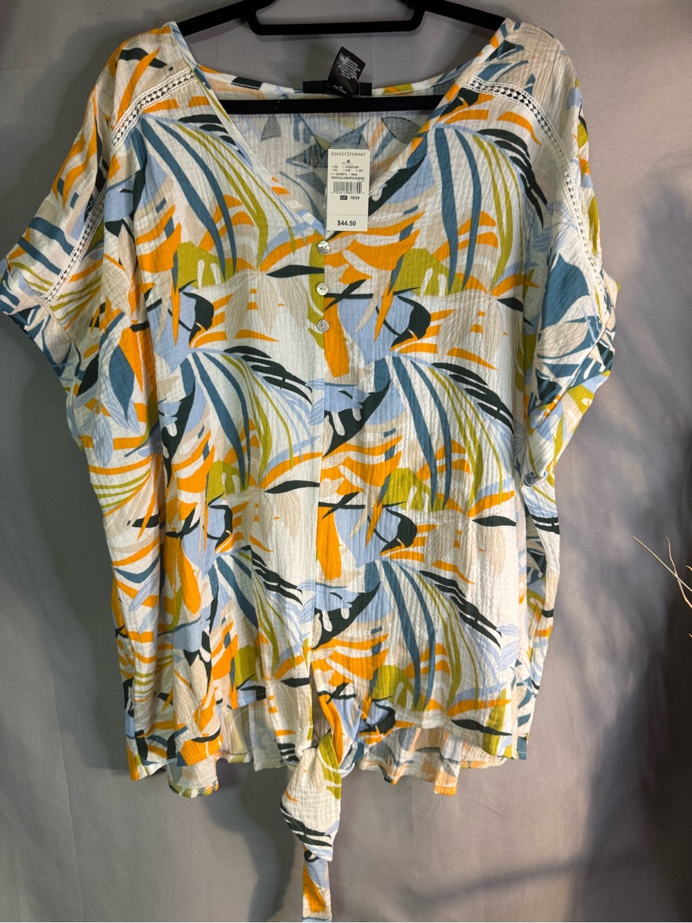 Ashley Stewart Multicolor Tropical Tie-Front Button Shirt